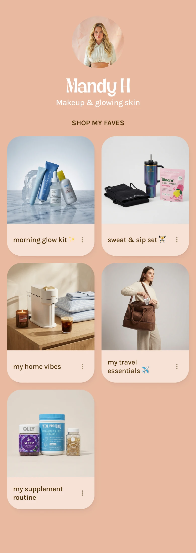 Mandy's link-in-bio page after OfferLab: a shoppable grid of collab bundles