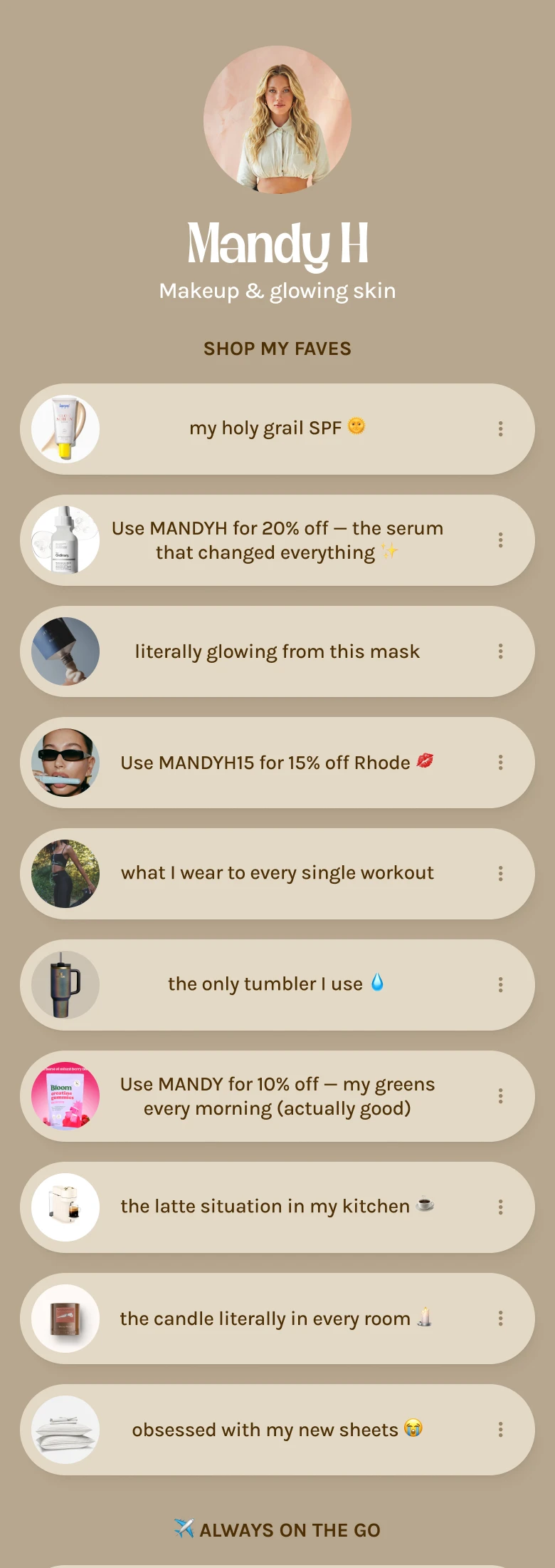 Mandy's link-in-bio page before OfferLab: a plain list of links